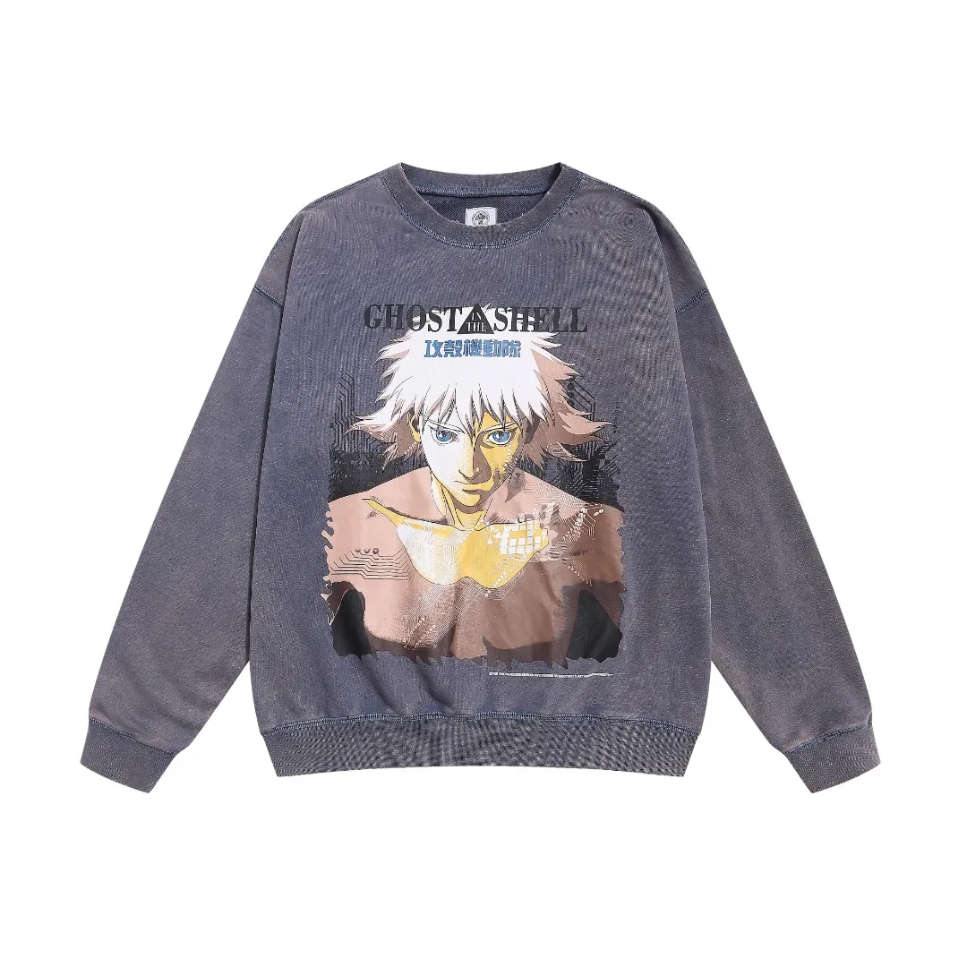 Saint Michael GHOST IN THE SHELL Retro Washed Distressed Thin Round Neck Sweatshirt Fabric: 390g terry Style Number: SM618 Size: S-M-L-XL Color: Washed Blue Price: P198